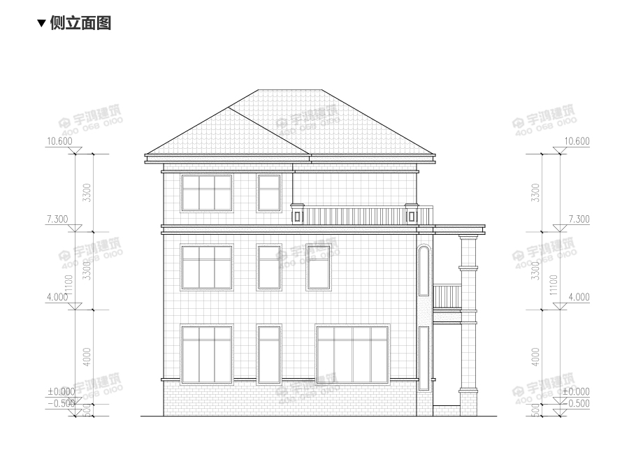 2019新款50萬(wàn)農(nóng)村三層小洋樓設(shè)計(jì)圖側(cè)立面圖2